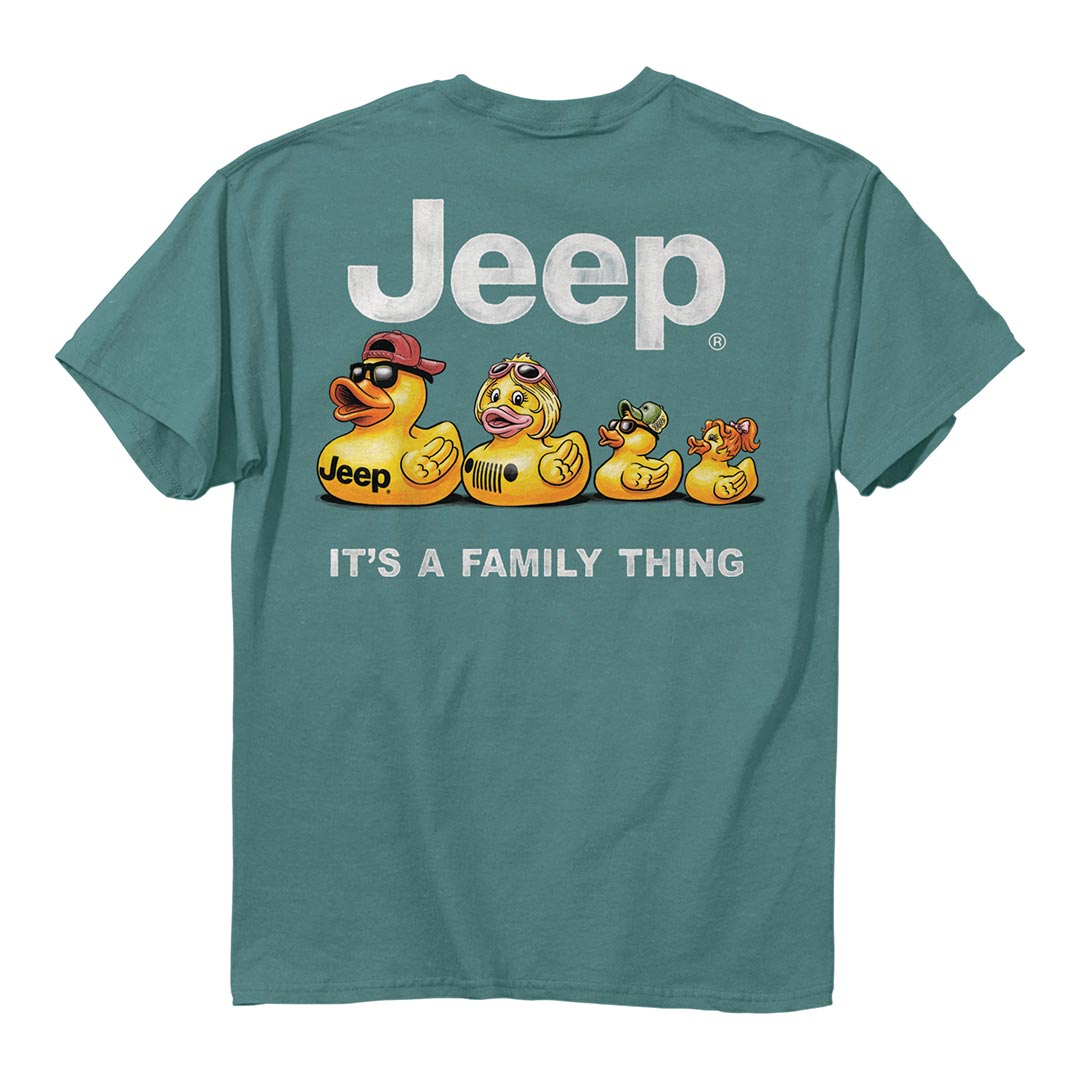 a turquoise colored t-shirt with 4 rubber ducks made to look like a mother, father, and two children, with the jeep logo above them and the words “it’s a family thing” below
