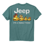 a turquoise colored t-shirt with 4 rubber ducks made to look like a mother, father, and two children, with the jeep logo above them and the words “it’s a family thing” below