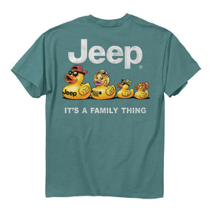 a turquoise colored t-shirt with 4 rubber ducks made to look like a mother, father, and two children, with the jeep logo above them and the words “it’s a family thing” below