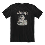 a black shirt with an illustration of a rubber duck wearing sunglasses and covered in camo pattern and the jeep grille and headlights on his chest