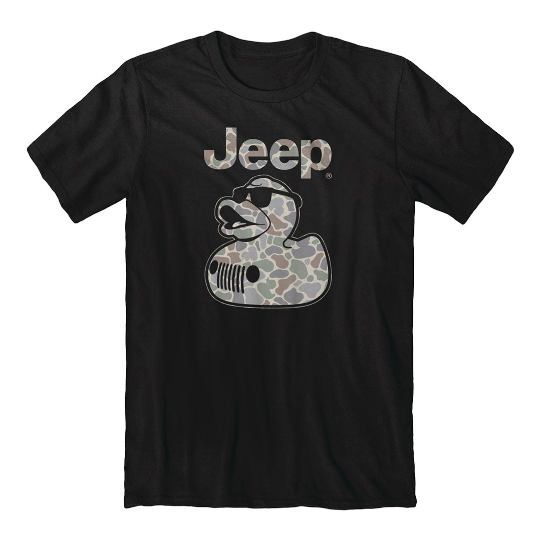 a black shirt with an illustration of a rubber duck wearing sunglasses and covered in camo pattern and the jeep grille and headlights on his chest