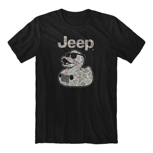 a black shirt with an illustration of a rubber duck wearing sunglasses and covered in camo pattern and the jeep grille and headlights on his chest