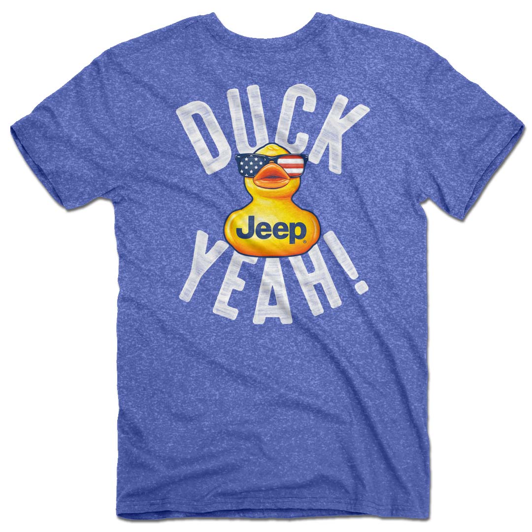 a blue t-shirt with rubber ducky wearing usa sunglasses and text that says “duck yeah!”