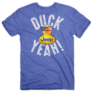 a blue t-shirt with rubber ducky wearing usa sunglasses and text that says “duck yeah!”
