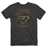 a deep gray shirt with the jeep logo and an illustration of a jeep over a pair of wrenches