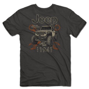 a deep gray shirt with the jeep logo and an illustration of a jeep over a pair of wrenches