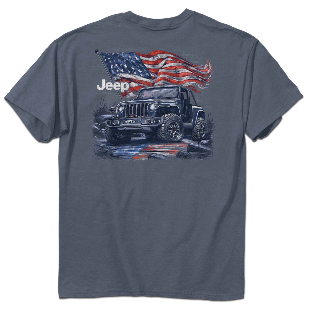 a navy t-shirt with an image and logo of a jeep with a large american flag behind it