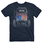 a dark navy t-shirt featuring a jeep seen from above with a usa flag on its hood and “since 1941” around it