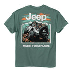 a teal green shirt with the jeep logo, an illustration of a jeep full of dogs off-roading, and the text “made to explore”