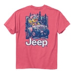 a bubblegum pink shirt with an illustration of a duck in a cowboy hat driving a jeep in the woods and flashing a jeep wave