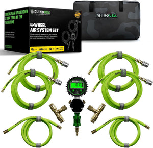 Packaging and parts including carrying case, air hoses, adapters, tire gauge