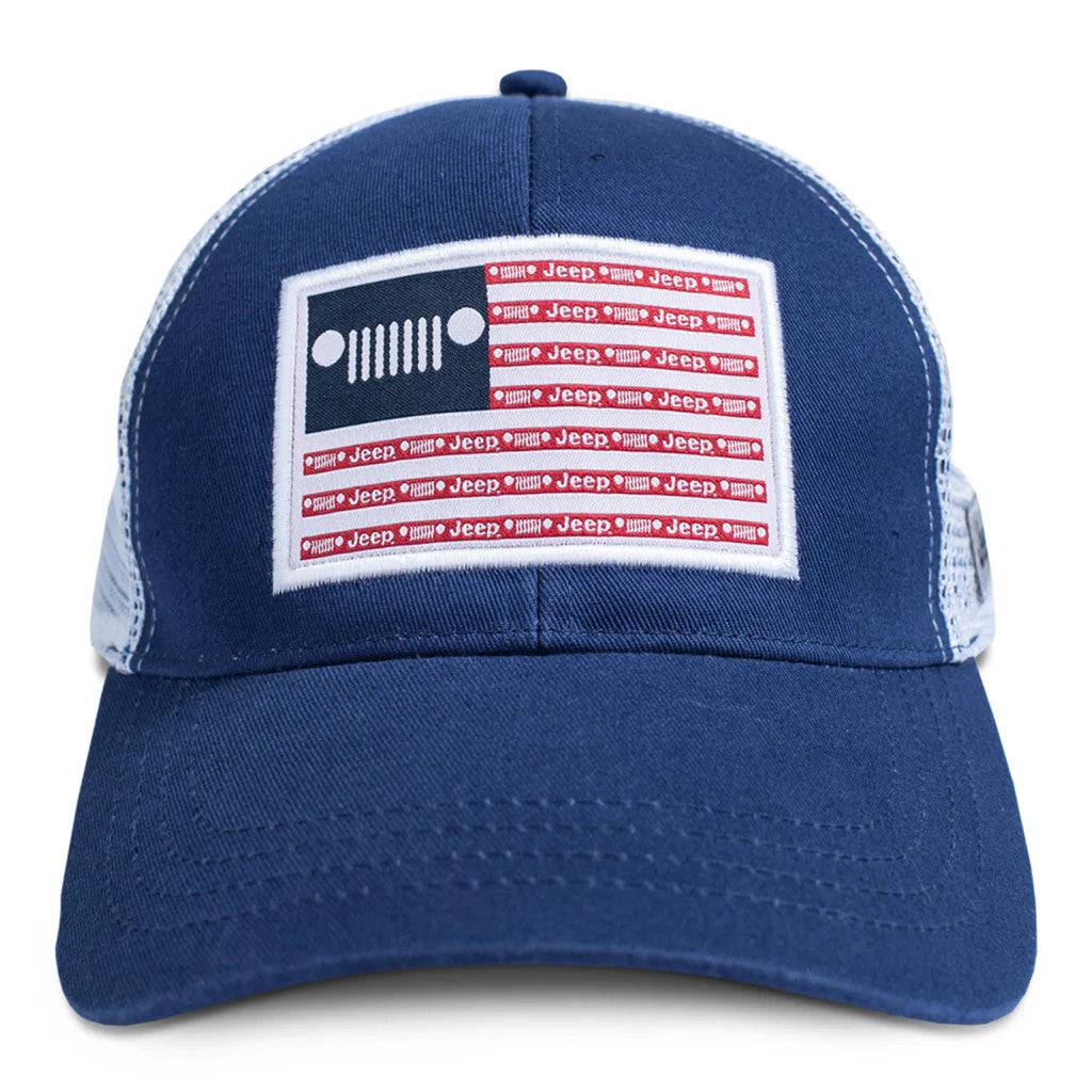 a blue hat with a jeep themed usa flag on it