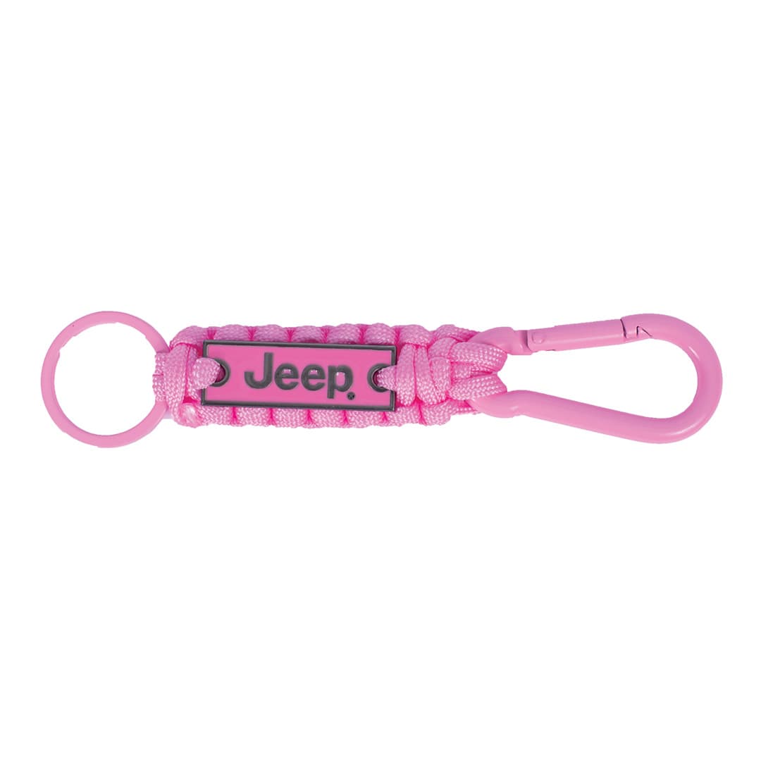 a bright pink braided cord keychain with a pink and silver metal plate saying Jeeo