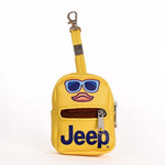 a tiny backpack shaped keychain with the jeep logo and a duck face with sunglasses