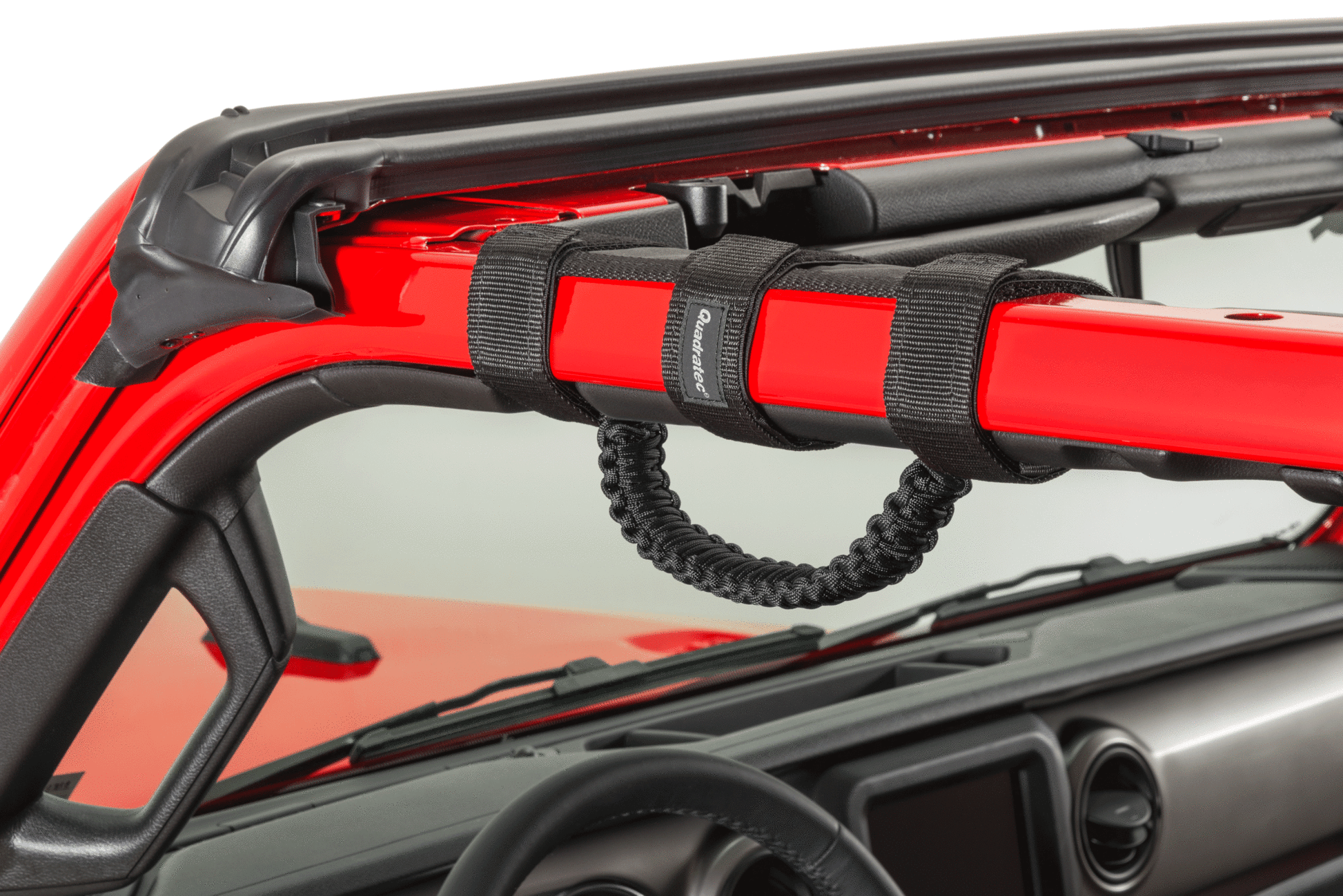 Close-up red jeep vehicle with black grab handle installed