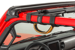 Close-up red jeep vehicle with orange grab handle installed