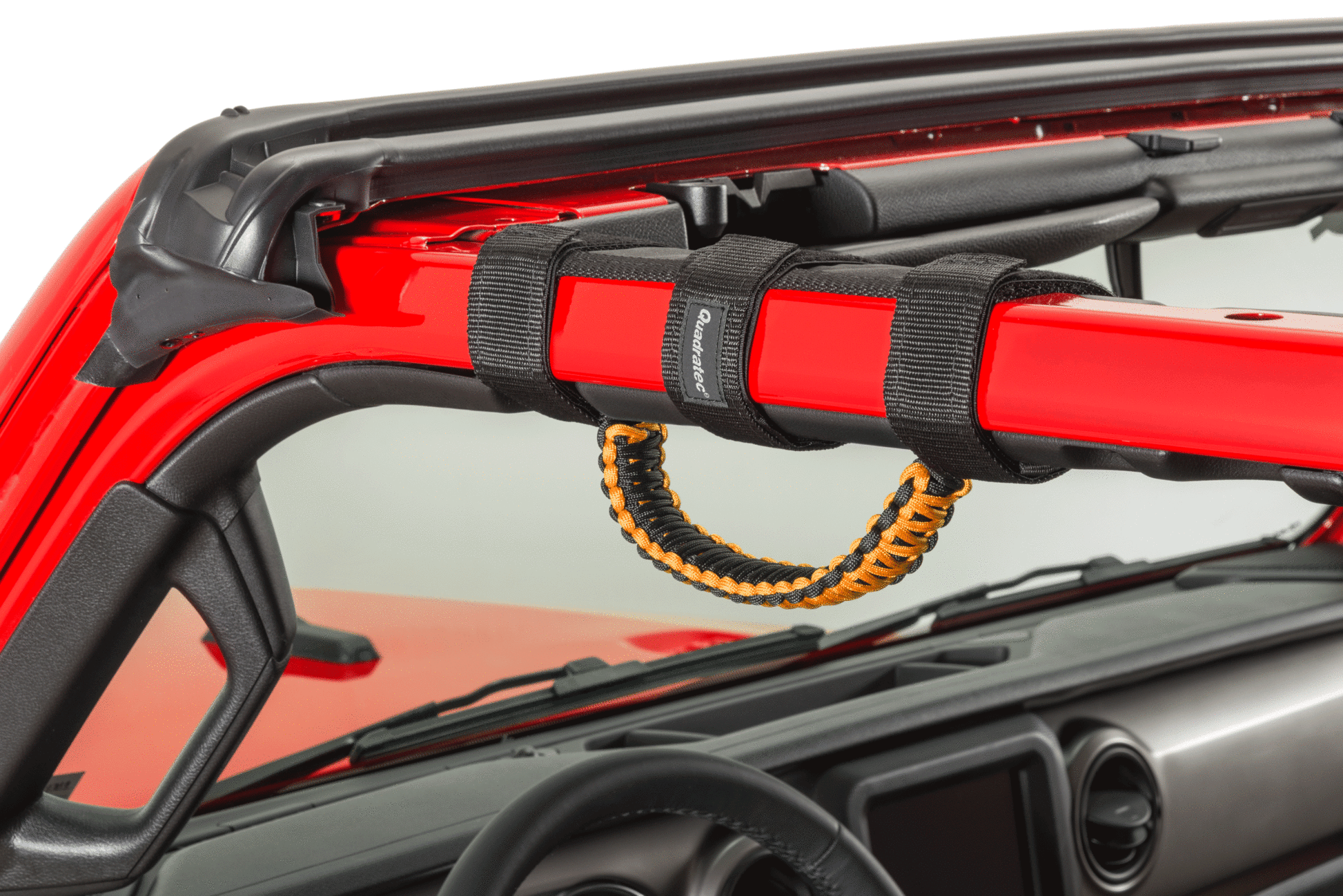 Close-up red jeep vehicle with orange grab handle installed