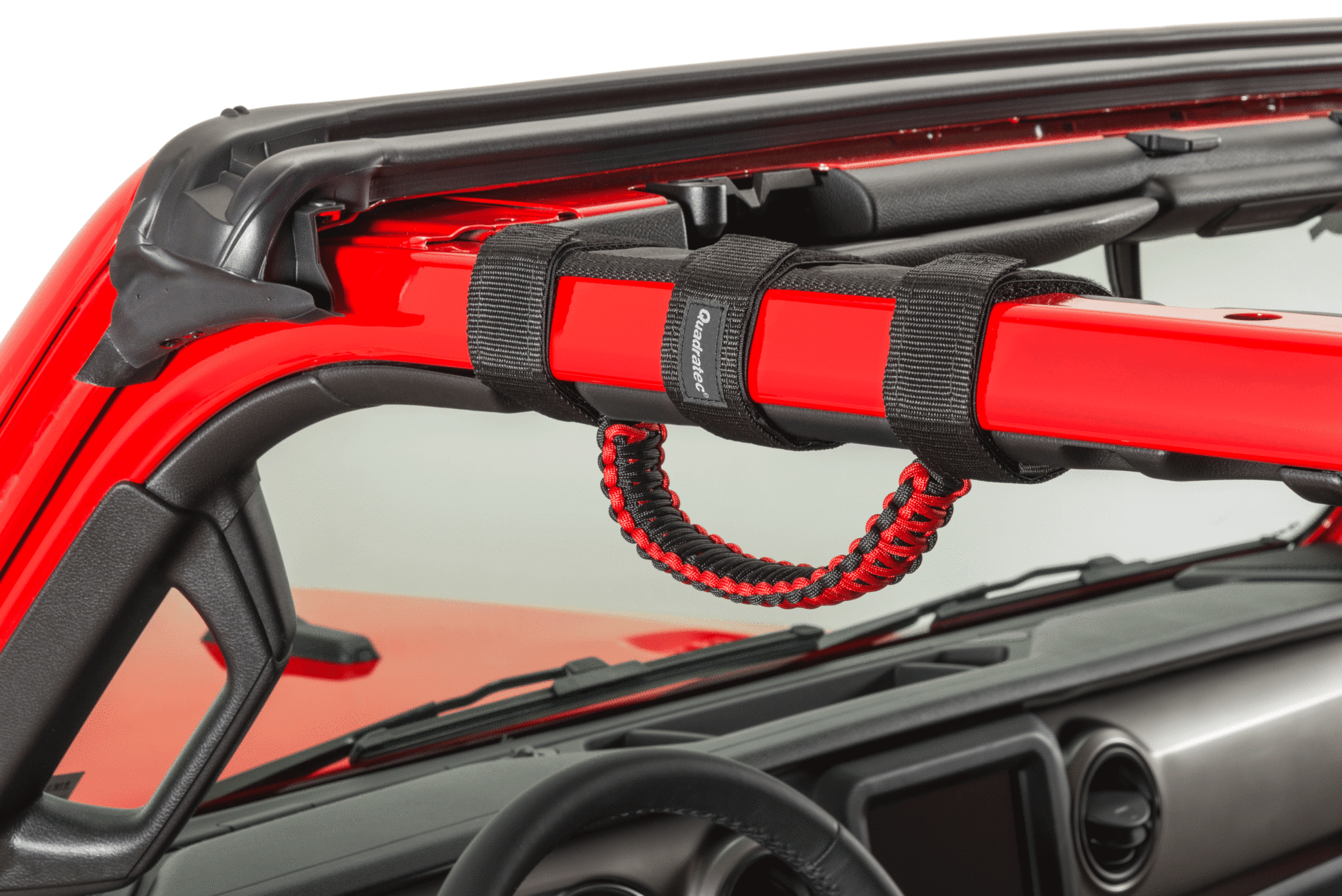Close-up red jeep vehicle with red grab handle installed