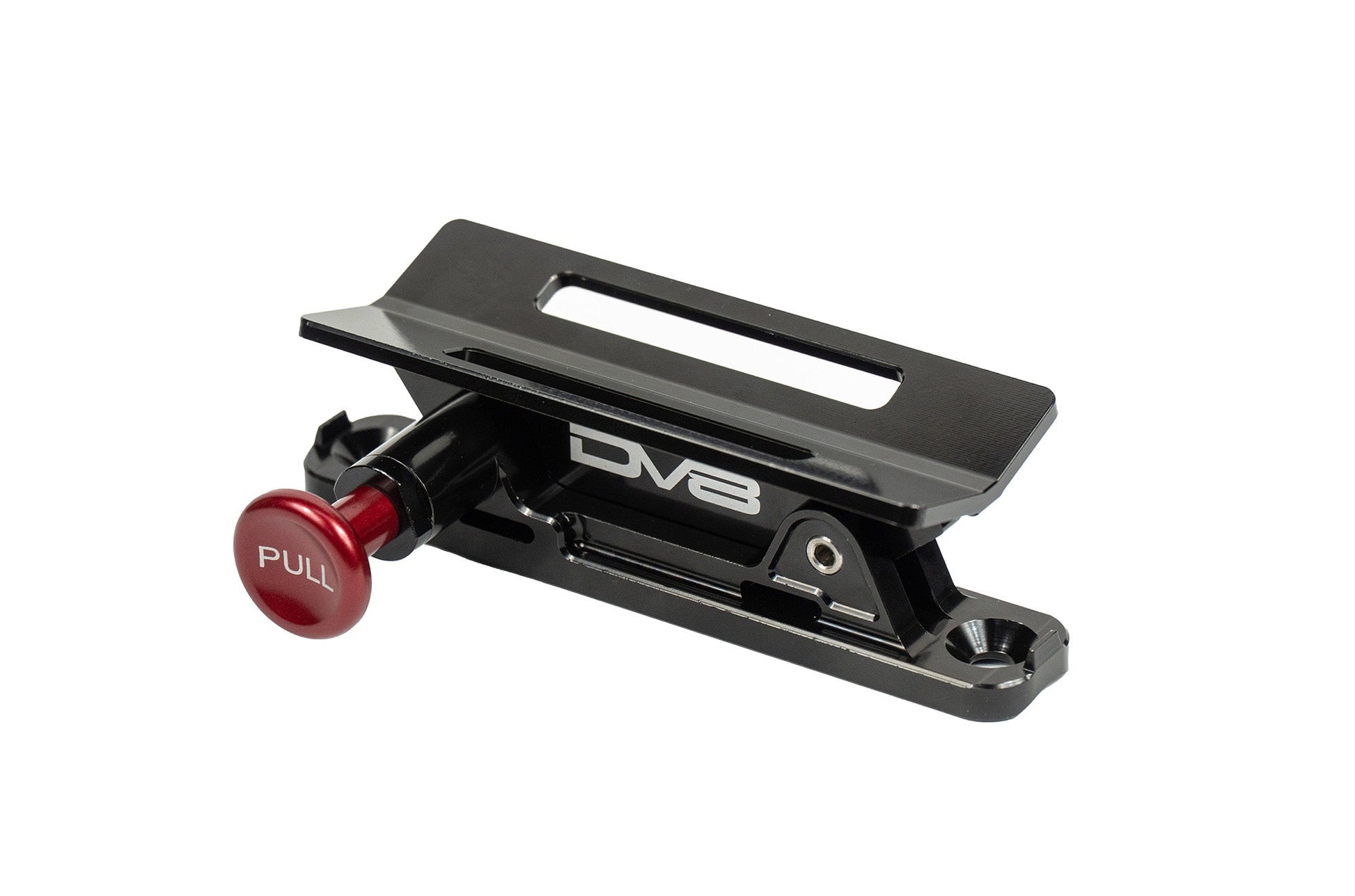a black fire extinguisher mount with a red knob labeled “pull” and the DV8 logo