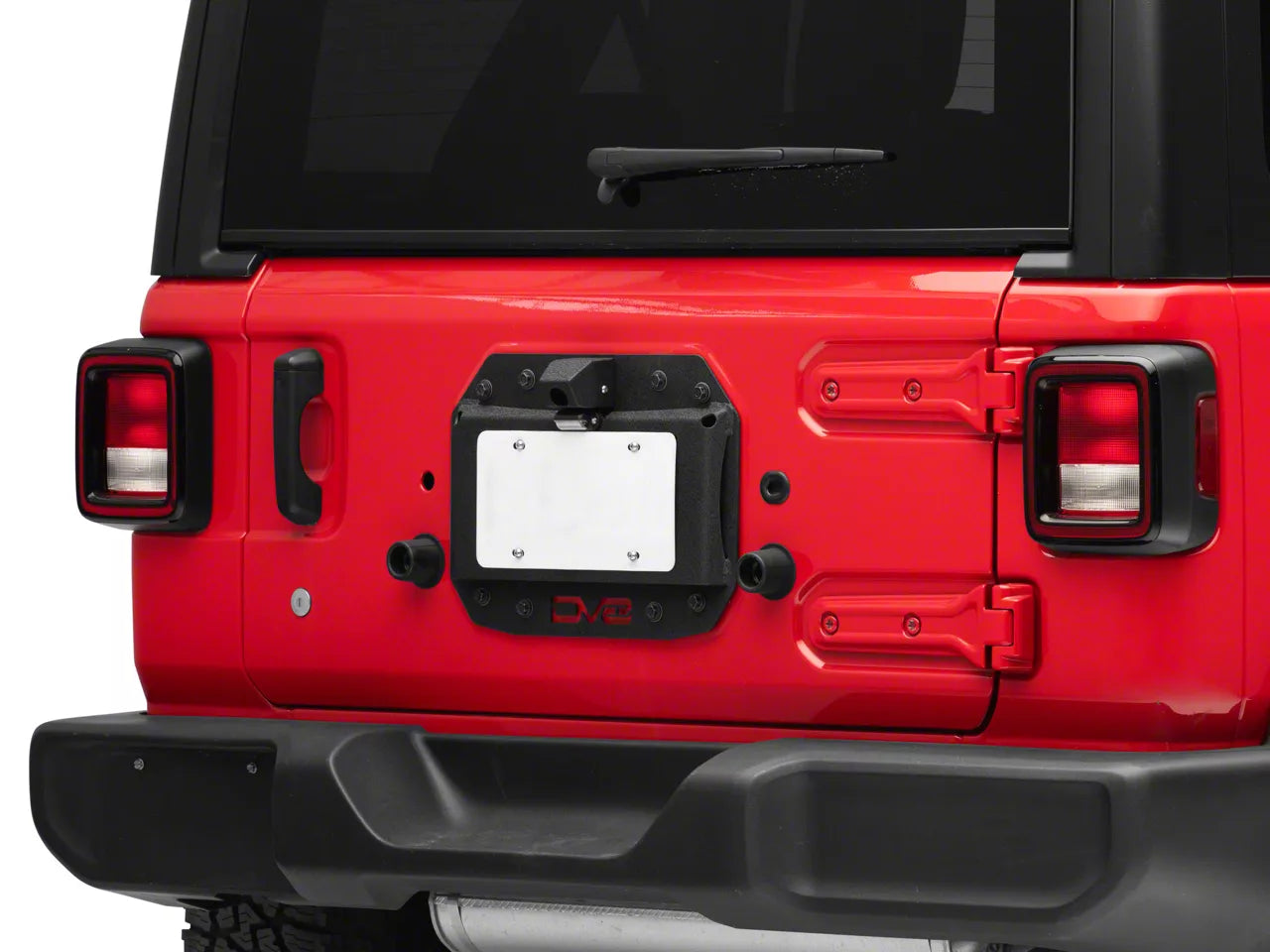 the rear of a red jeep with the spare tire removed