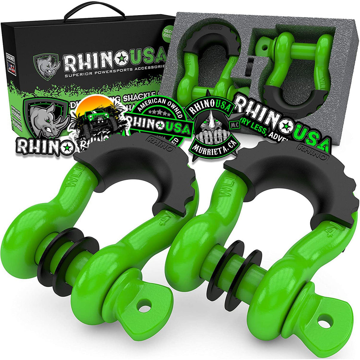 Rhino branded packaging with 2 green D-ring shackles