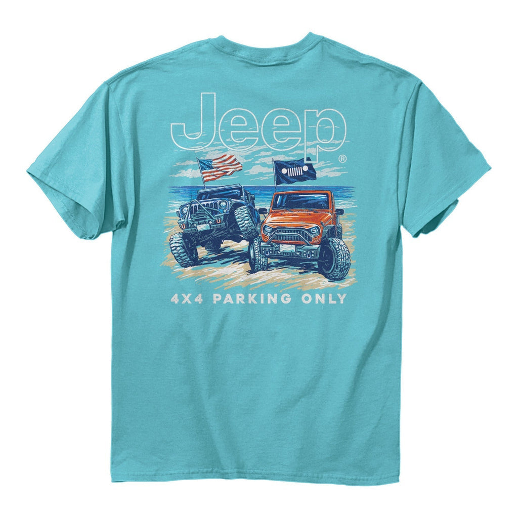 a light blue shirt with an illustration of a black jeep with an american flag and a red jeep with a jeep grille flag next to each other on the beach with the text “jeep 4x4 parking only”