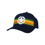 a dark navy hate with green, yellow, and orange stripes and a white raised star