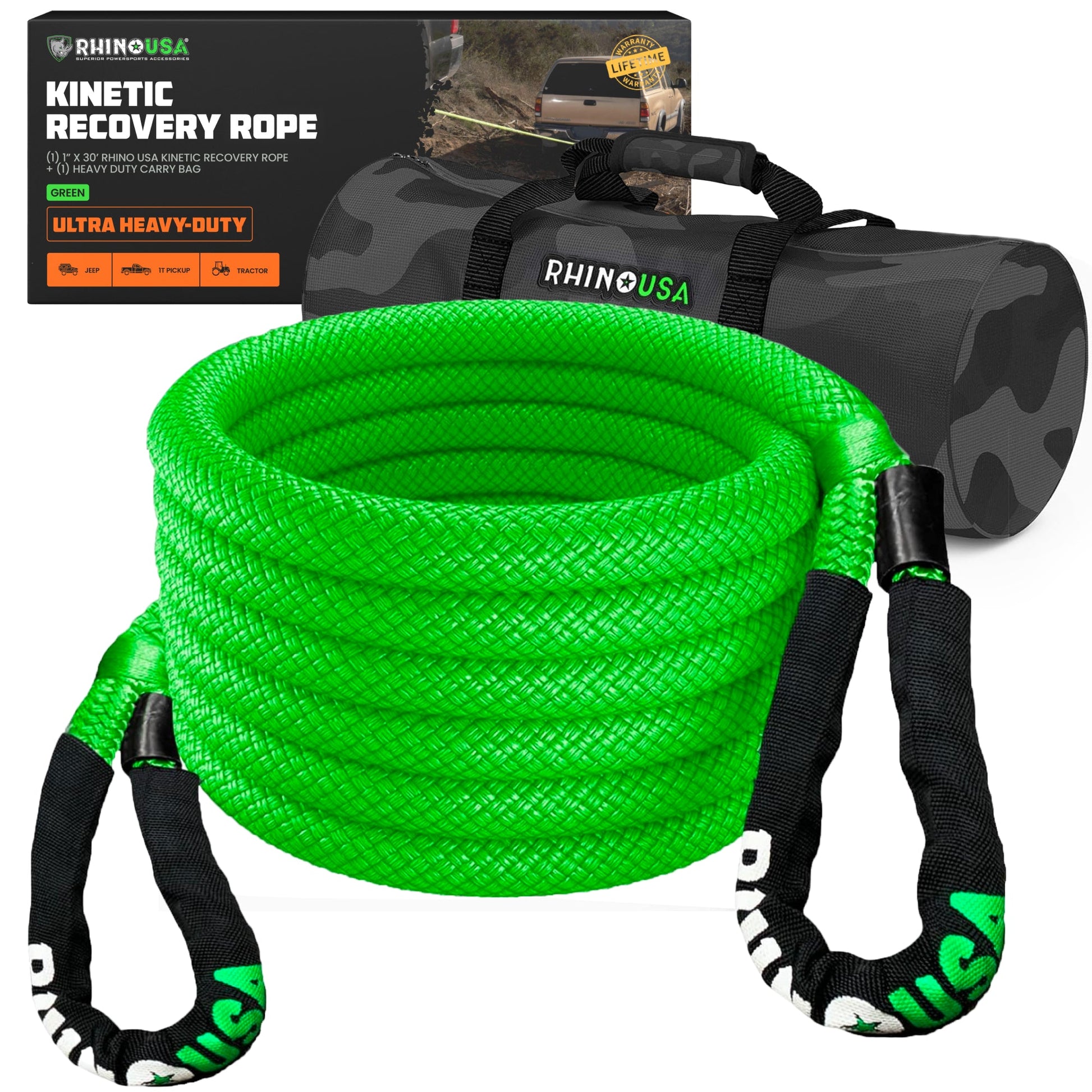 a green coiled recovery rope sits in front of it’s packaging and carrying case