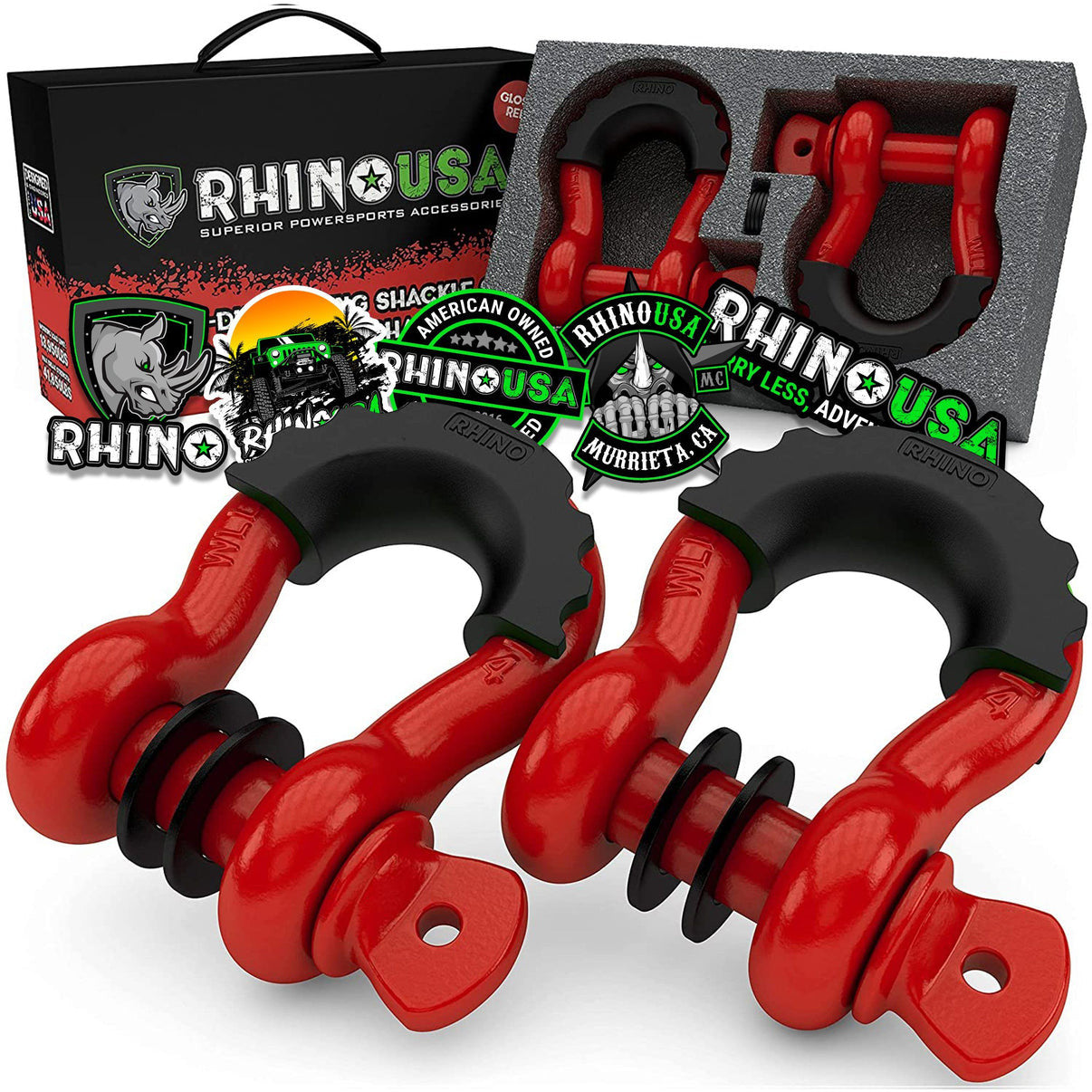 Rhino branded packaging with 2 red D-ring shackles