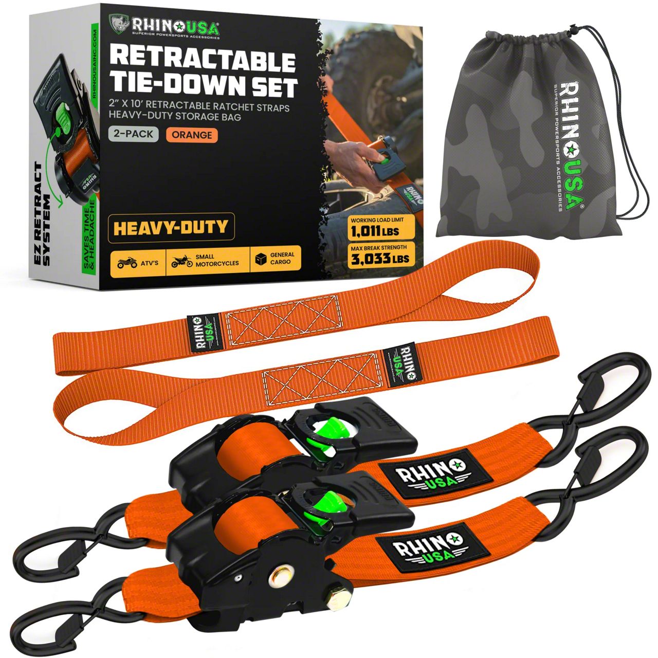 Rhino branded packaging with carrying bag and 2 orange retractable ratchet straps