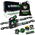 Rhino branded packaging with carrying bag and 2 gray retractable ratchet straps
