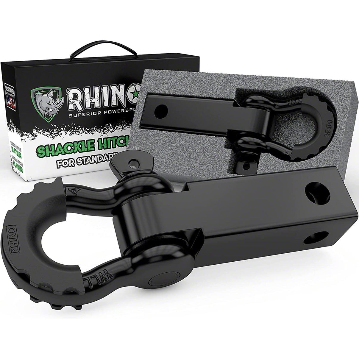 a black hitch shackle sits in front of its packaging