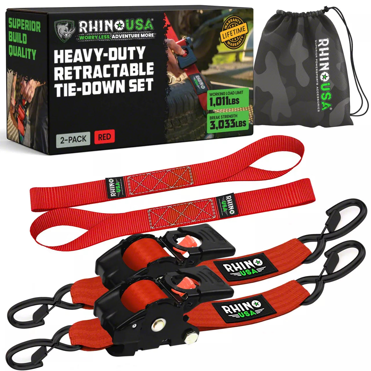 Rhino branded packaging with carrying bag and 2 black retractable ratchet straps