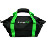 a black fabric bag with green straps and handles and the rhino usa logo