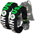 2 soft shackles displayed in front of their carrying case bag