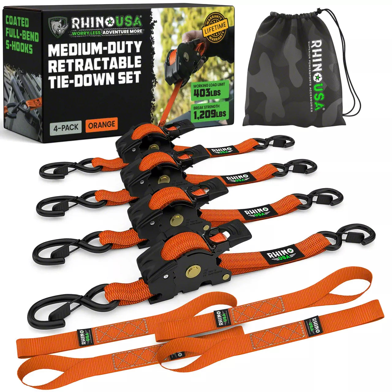 Rhino branded packaging with carrying bag and 4 orange retractable ratchet straps