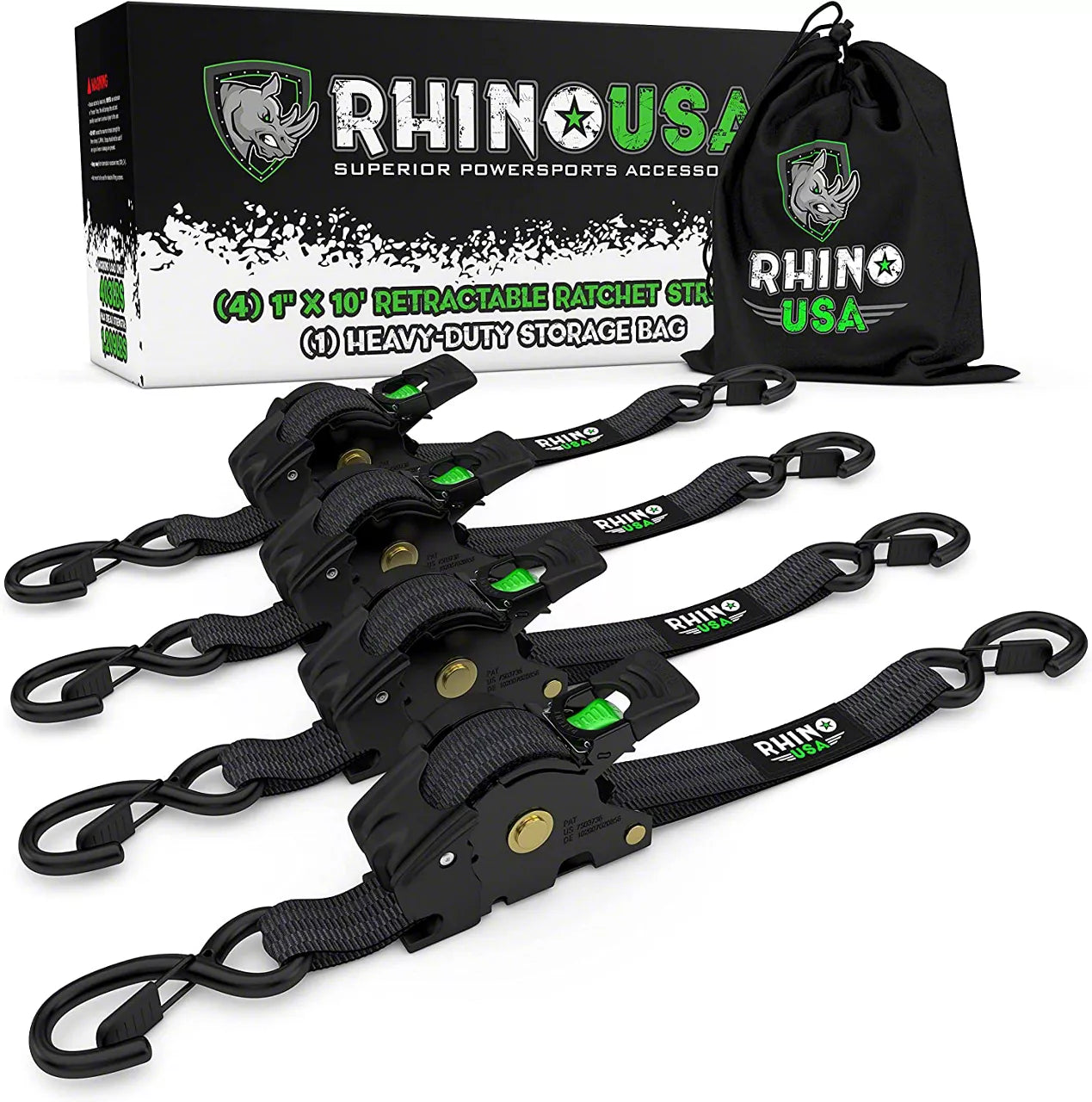 Rhino branded packaging with carrying bag and 4 black retractable ratchet straps