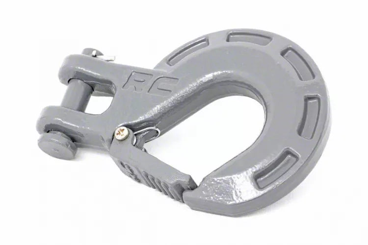 Grey clevis hook with “RC” engraved into it on a white background