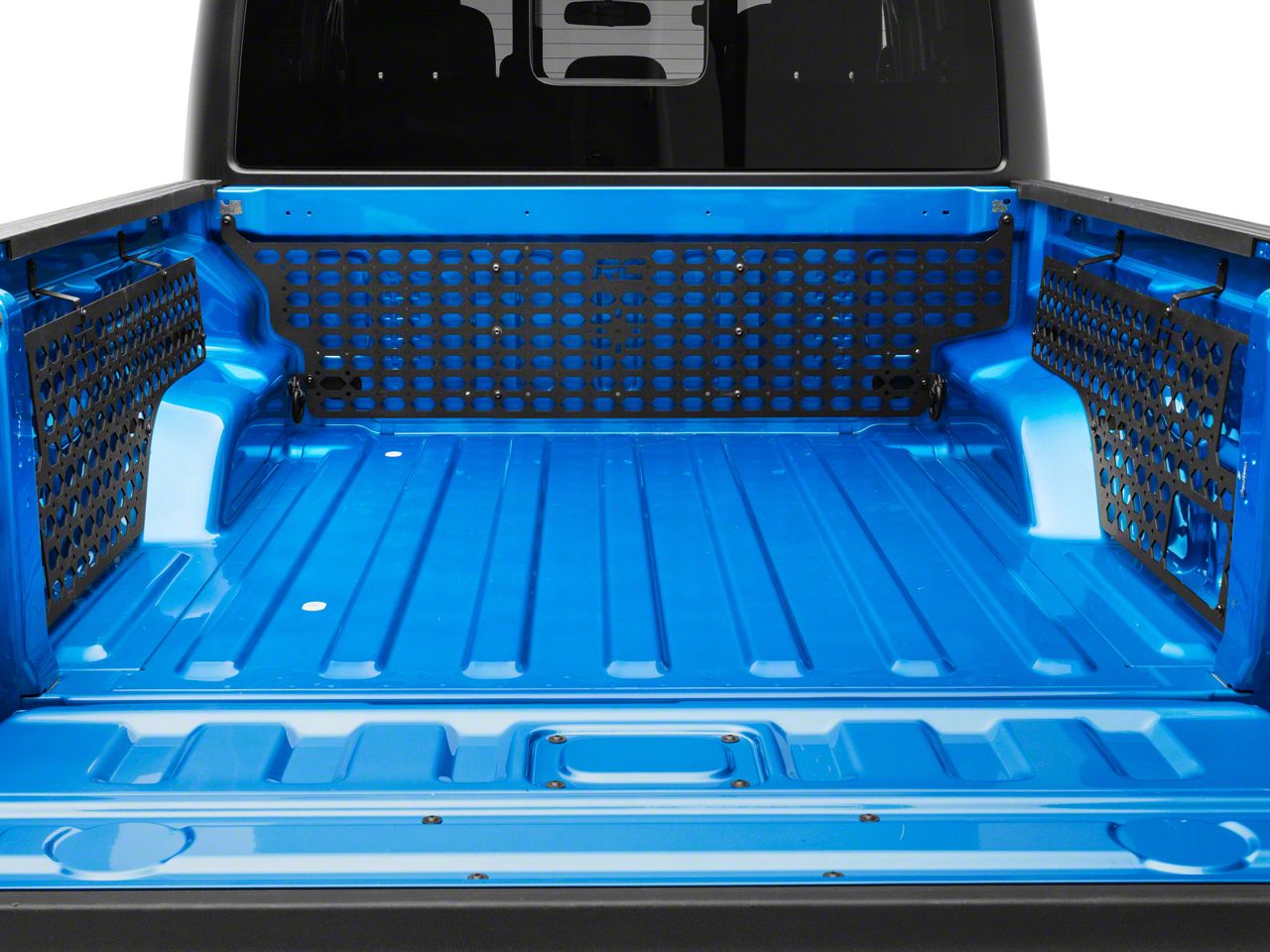 a blue truck bed with bed mounting system installed