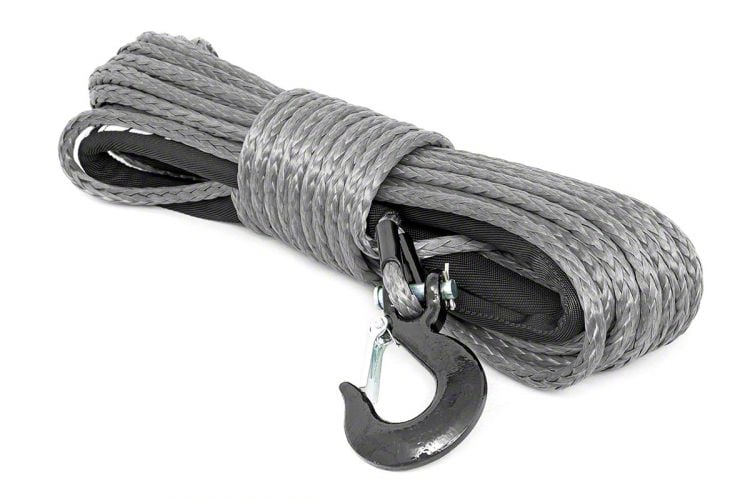 Grey winch rope in a bundle on a white background with hook attached