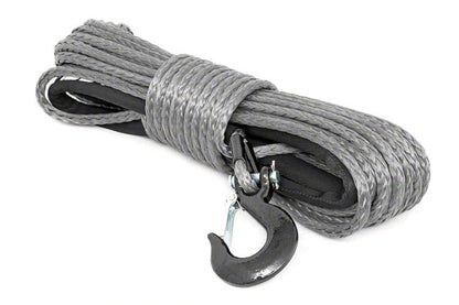 Grey winch rope in a bundle on a white background with hook attached