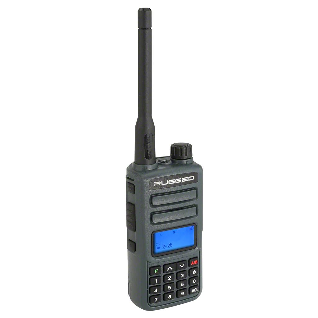 a single radio handset labeled “rugged”
