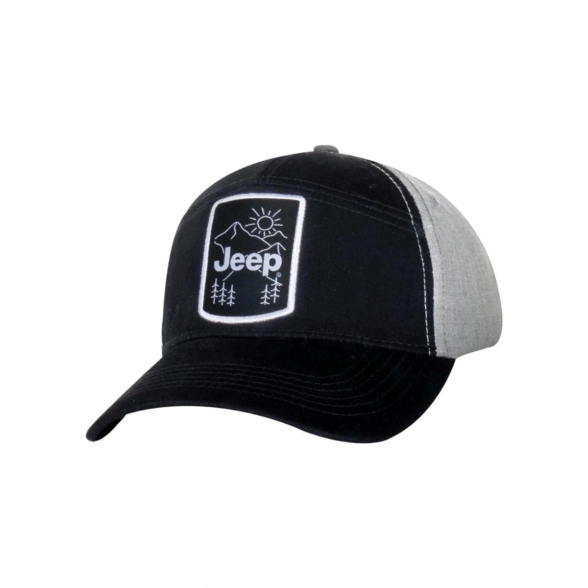 a black and gray hat with a black and white badge showing a white jeep logo and a simply mountain design