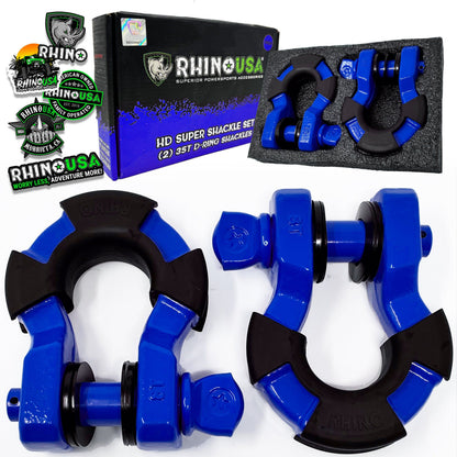 2 blue super shackles displayed with their packaging