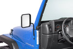 close-up blue jeep wrangler with square side mirror installed
