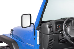 close-up blue jeep wrangler with square side mirror installed